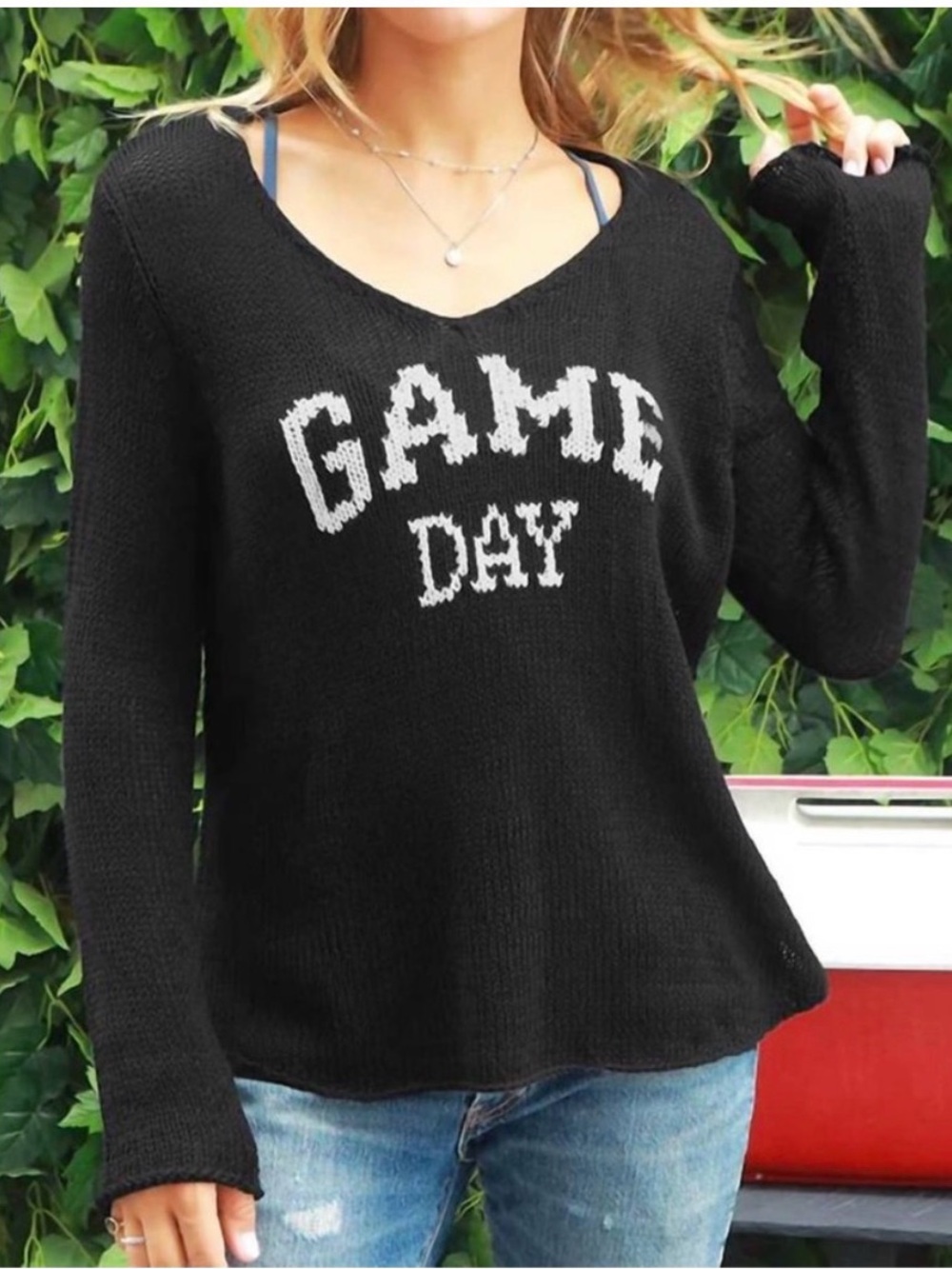 Wooden Ships Black White GAME DAY V-Neck Cotton Slouchy Sweater